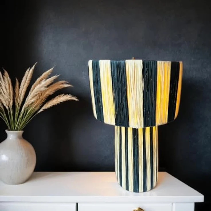 Marrakesch Tischlampe Morjana, Tischleuchte aus Raffia-Bast in Beige Schwarz, 42cm, E27 Fassung für Wohnzimmer, Schlafzimmer und Kinderzimmer Deko – Bild 3
