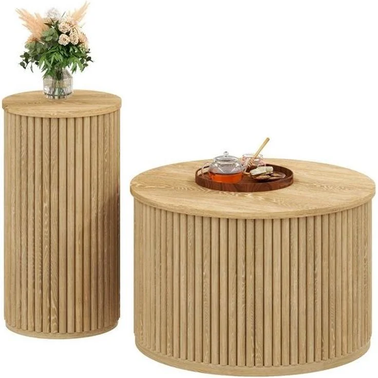 BlingBin Couchtisch Beistelltisch Wohnzimmertisch (1-St, Doppelter runder Tisch), 60 x 60 x 38,5 cm + 30 x 30 x 56 cm, Natur – Bild 4