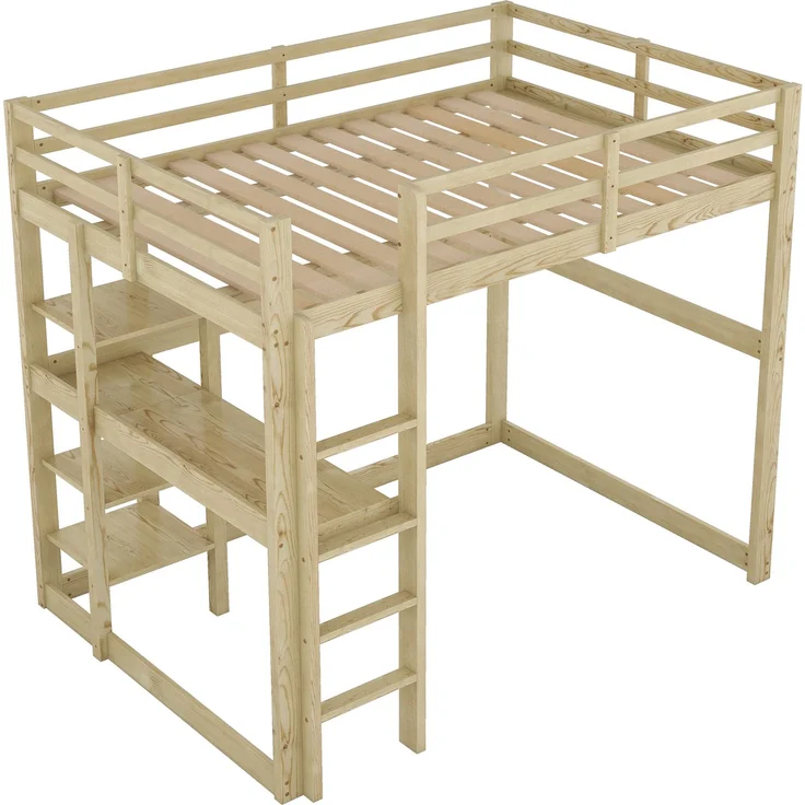 Hochbett 140x200 cm mit Schreibtisch und 4 Ablagefächern, Kinderbett Doppelbett aus massivem Kiefernholz,mit Stauraum,Natur – Bild 8