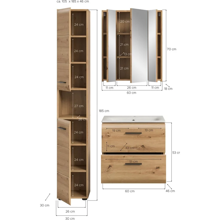 Badkombination (B/H/T: 105x185x46 cm) in Artisan Oak Nachbildung und Artisan Oak Nachbildung – Bild 4