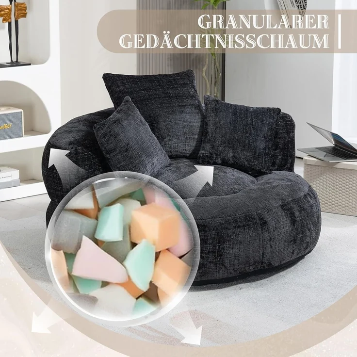 Couch Sitzsack Lounger Boneless Chenille 3 Kissen Gaming Schwarz – Bild 5