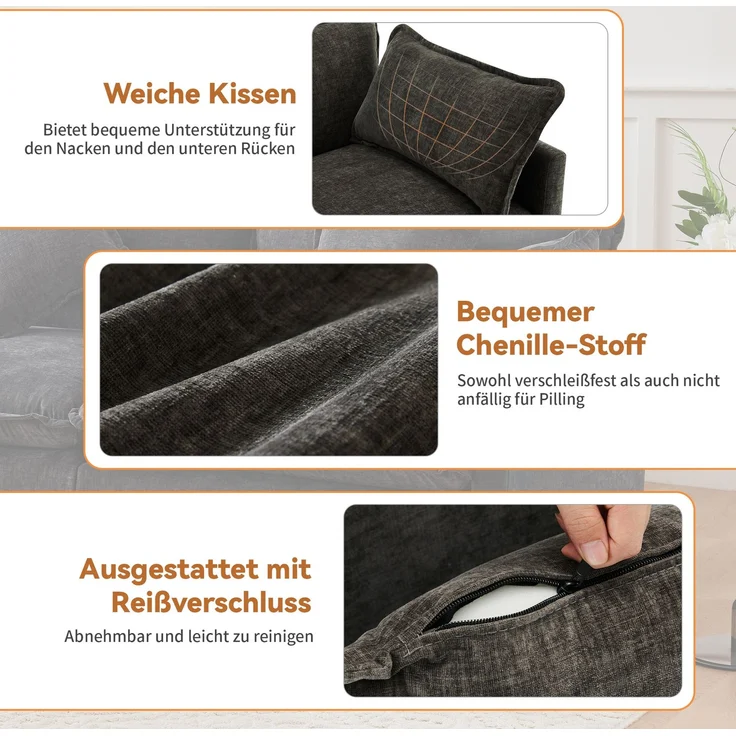 DESVIAE Sofa, 3-Sitzer mit beweglichem Fußhocker, 283x84x147 cm, Chenille, Dunkelgrau – Bild 5