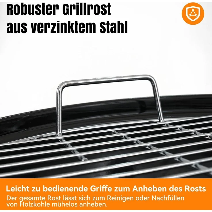 Aoxun Holzkohlegrill, 47cm Kugelgrill mit Thermometer und regulierbarer Luftzufuhr, kratzfeste, emaillierte Grillschale, Ascheauffangbehälter, Rollen und Ablage, für Garten, und Outdoor, schwarz – Bild 4