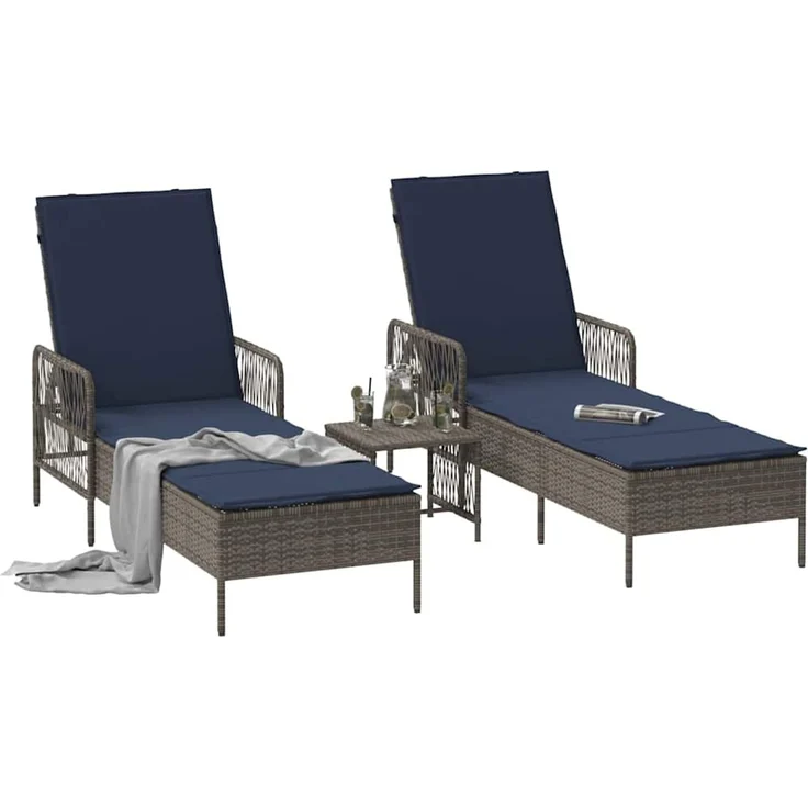 vidaXL Sonnenliege mit Kissen 3 pcs Grau und Marineblau Poly-Rattan 365438 – Bild 2