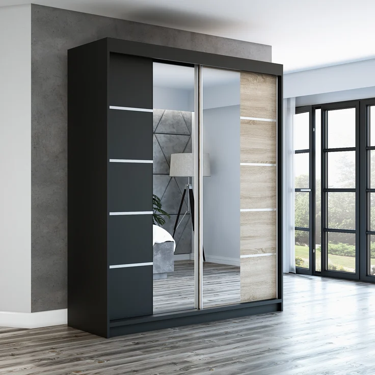 Schwebetürenschrank ERA 2-türig Schrank 160 cm (mit Spiegel) Farbe: Schwarz , sonoma – Bild 2