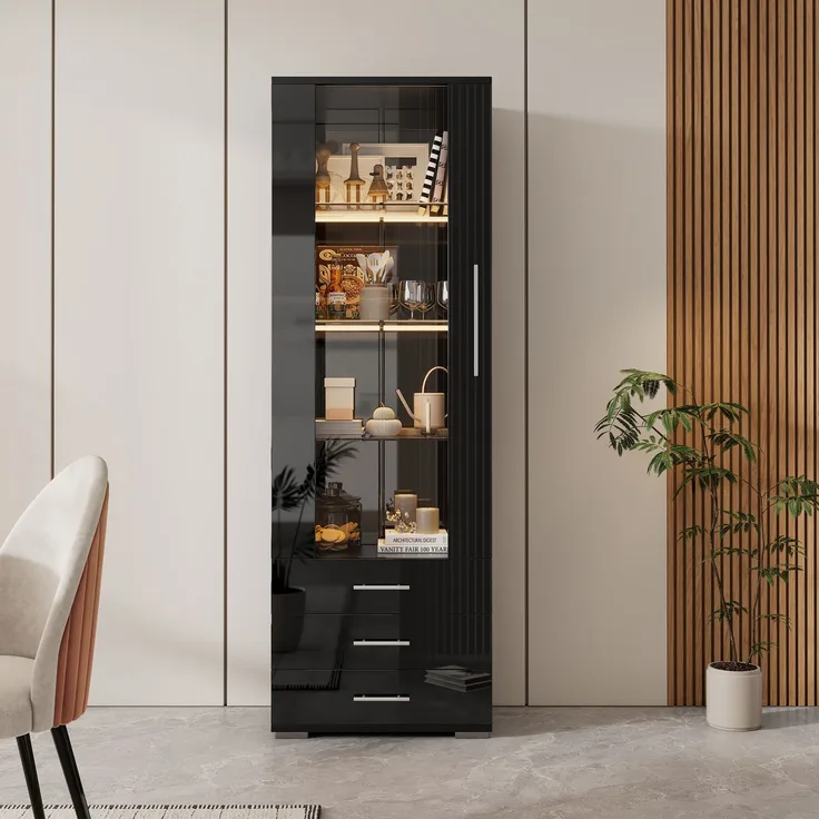 Schwarz Hochglanzvitrine, Vitrine Glasvitrine , Standvitrine mit LED-Beleuchtung, Vertikale Vitrine mit 3 Schubladen, 60*35*180cm--Schwarz--60x35x180cm--YOUDENOVA