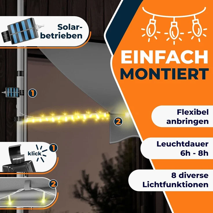 KESSER® Klemmmarkise mit Handkurbel & LED Lichterkette | Balkonmarkise ohne Bohren | Markise UV-beständig höhenverstellbar & wasserabweisend | Sonnenschutz für Balkon Terrasse & Garten Grau, 300cm – Bild 8