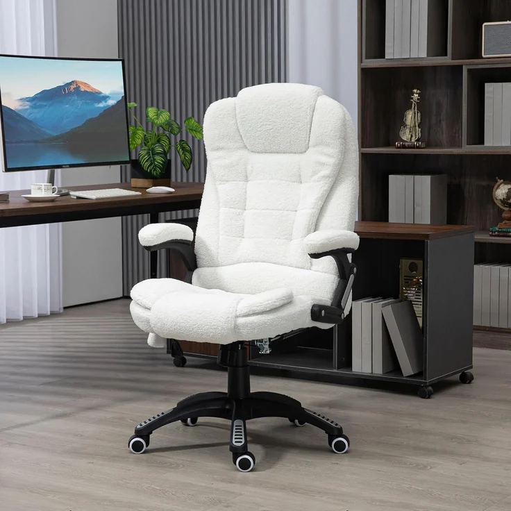 Vinsetto Bürostuhl, Massagesessel, beheizt, Bürostuhl, ergonomischer Stuhl mit Verstellbarer Höhe, neigbare Rückenlehne und Fernbedienung, kabelgebunden, 360° drehbar, Polyestergewebe, Weiß – Bild 2
