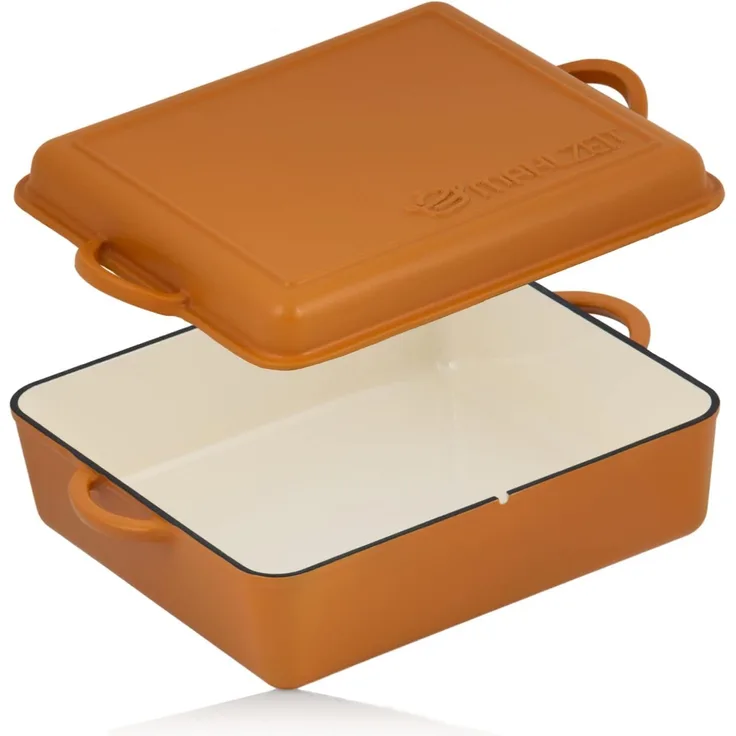 Mahlzeit Bräter Gusseisen emailliert, 10,5 L, Sunny Orange, Bräter 2in1 mit Pfanne, Gusseisen