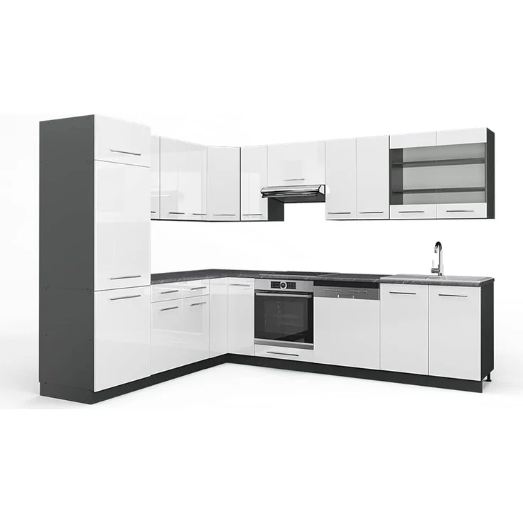 Eckküche Fame-Line Weiß Hochglanz/Anthrazit 287 x 227 cm ohne Arbeitsplatte Vicco – Bild 1