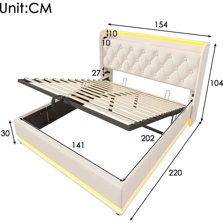 EINHOM Polsterbett Einzelbett, 360-Surround-LED-Funktion, 140 x 200 cm, Weiß PU-Material Hydraulisches Lagerbett, Gepolstertes Kopfteil mit USB Typ-C Ladefunktion, (Mit Matratze) – Bild 2