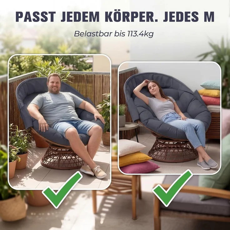 COMHOMA Papasansessel, gemütlicher Drehsessel mit Kissen rund, bequemer Rattansessel, Loungesessel drehbar, runder Relax Korbsessel Rattan für Wohnzimmer, Leseecke, Lounge - grau – Bild 8