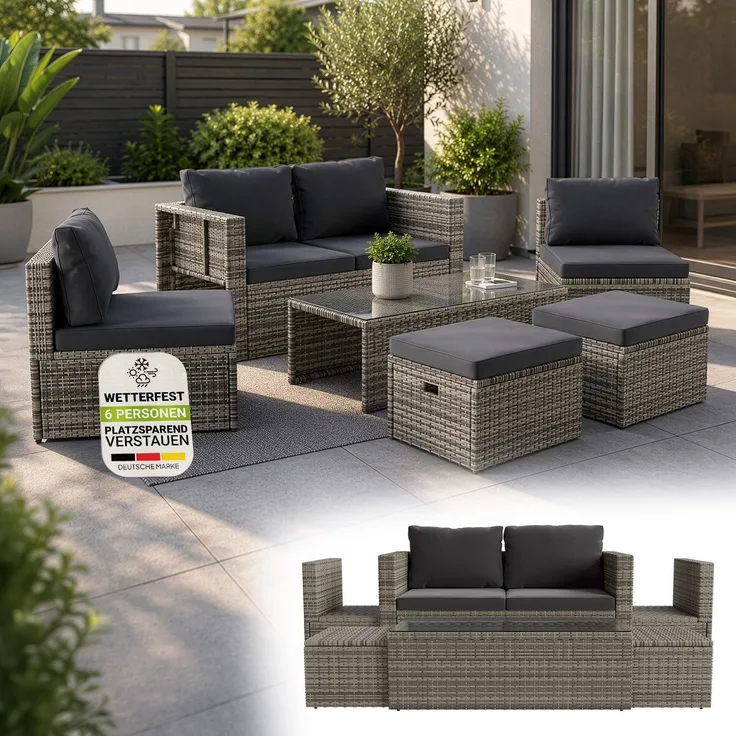 Juskys Polyrattan Gartenmöbel Set Salou - Outdoor Lounge wetterfest 6 Personen - Sitzecke mit Tisch & Kissen für Garten, Balkon, Terrasse - Grau