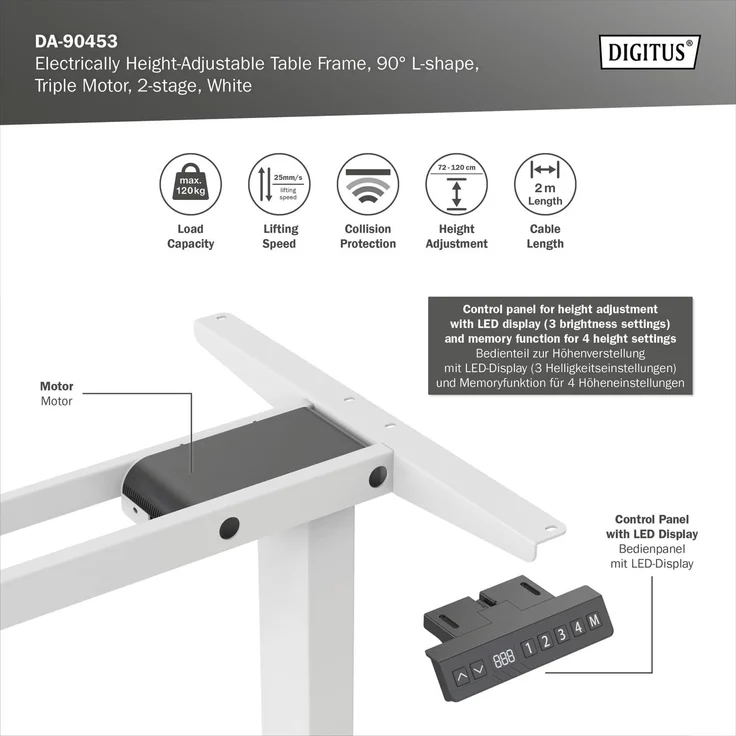 DIGITUS Elektrisch Tischgestell, 90 Grad L-Form, Triple-Motor,Weiß – Bild 6