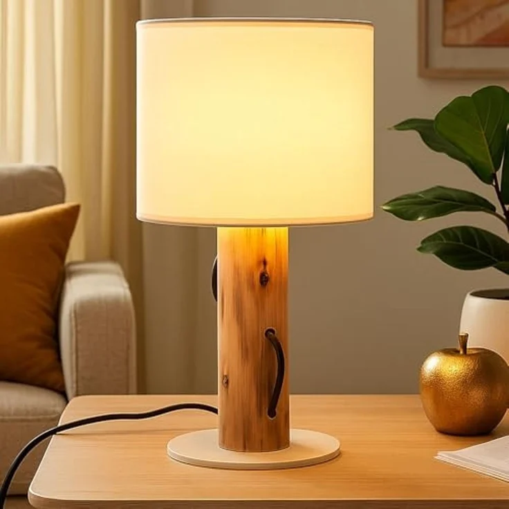 LED Tischleuchte, Holz braun, Schirm weiß, E14, H 32 cm – Bild 2