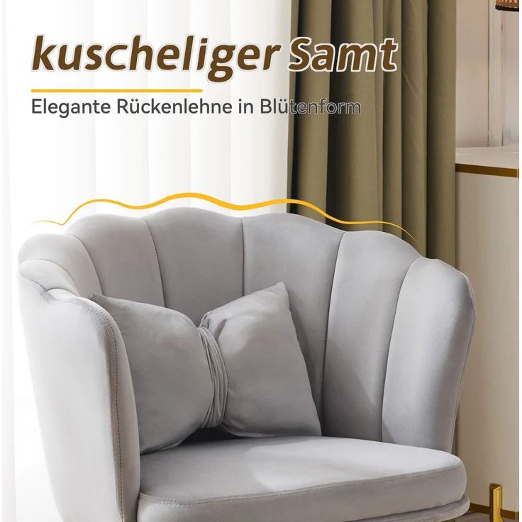 Blütenblatt-Sessel mit Kanalsteppung & Schmetterlingskissen, Samt, 63x58x77 cm, Grau – Bild 5