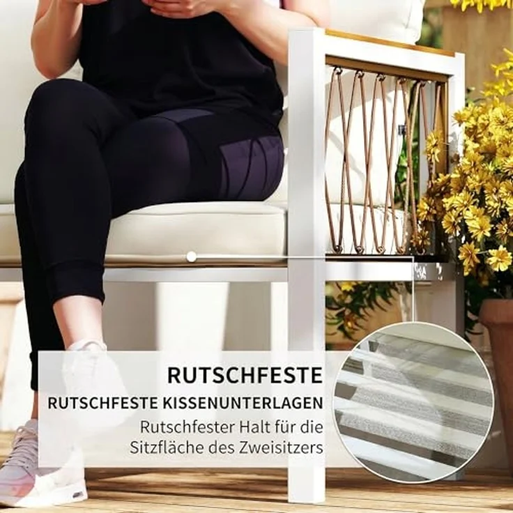 Outsunny Sitzgruppe mit Zweisitzer, 2 Sessel, Glastisch, Kissen, rutschfesten Matte, (Lounge-Set, 4-tlg, Gartenmöbel Set), für Garten Balkon Cremeweiß – Bild 5