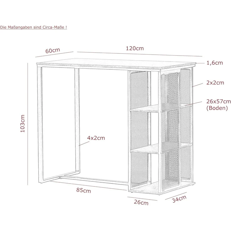 Hela Tische, Bartisch Bistrotisch Klara, Dekor Fischgrät Grau, Metall-Regal-Gestell, 120 x 60 x 103 cm – Bild 3