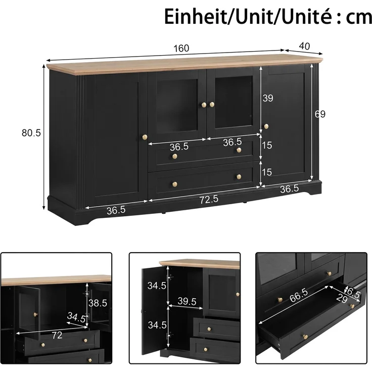 Sideboard 160 x 40 x 80,5 cm mit Glastüren, Schubladen und App-steuerbarer LED-Beleuchtung – Bild 5