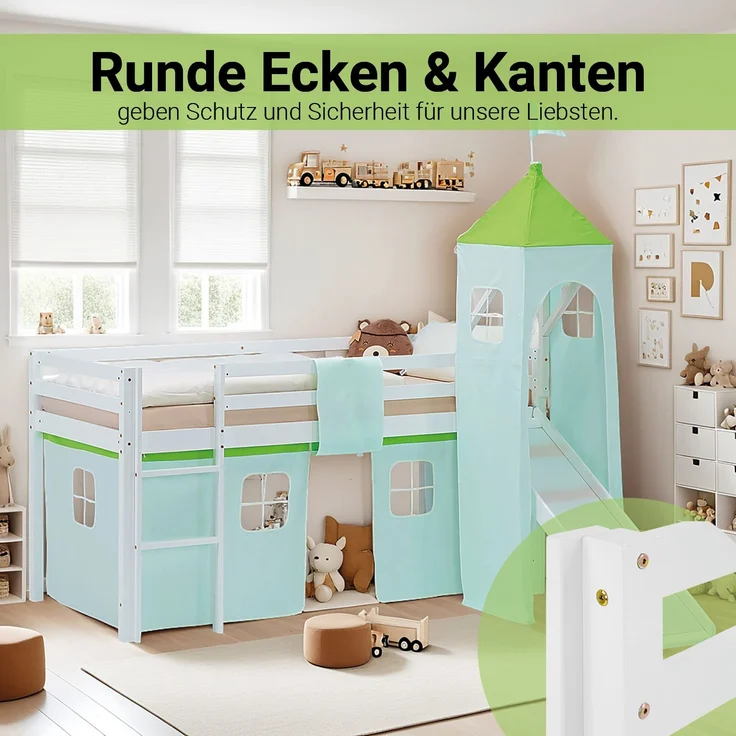 Hochbett Kinder 90x200 cm mit Rutsche Lattenrost Kinderbett Kinderhochbett Stockbett Vorhang Turm Grün – Bild 8