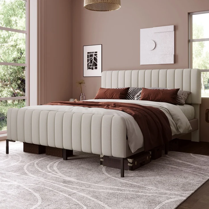 Polsterbett 160x200 cm, Leinen in Grau-Beige mit verstellbarem Kopfteil & Lattenrost, mit Matratze – Bild 7