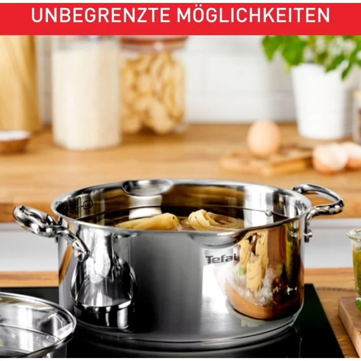 Tefal Topf-Set Duetto+ G719S7, Edelstahl 18/10 (Set, 7-tlg, Kochtopf mit Glasdeckel 16/20/24 cm, Stielkasserolle 16 cm), hochwertiger Edelstahl, hochglanzpoliert, Glasdeckel mit Siebfunktion – Bild 5