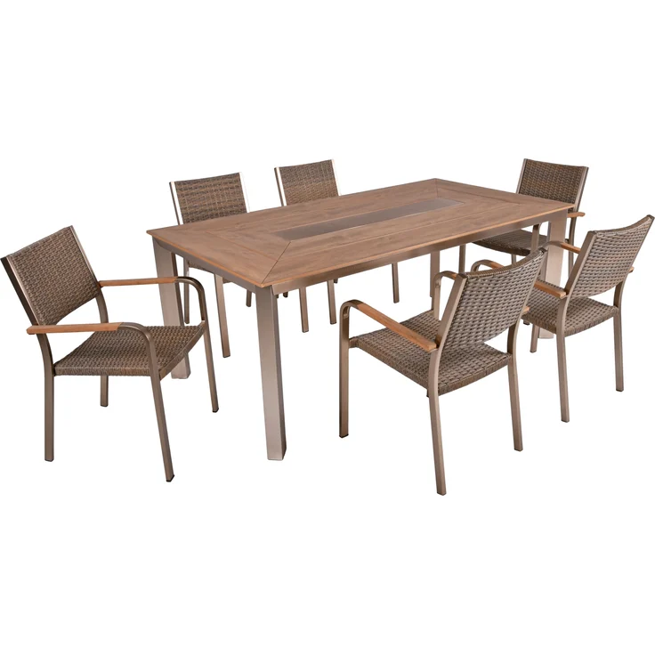 Garten-Sitzgruppe ARMIN 7tlg. - Kunststoffgeflecht, Braun | Gartenmöbel-Set Gartengarnitur Garten-Essgruppe mit geschlossenen Stapelstühlen und Esstisch – Bild 1