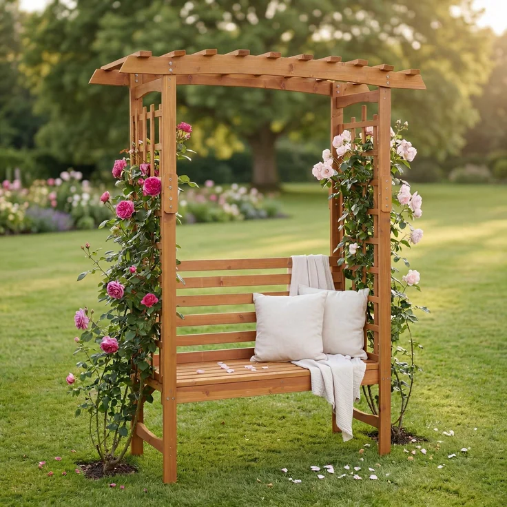 Rosenbogen mit Sitzbank HWC-Q21, Gartenbogen Rankhilfe Bank Gartenbank Holz FSC®-zertifiziert 201x160x60cm ~ natur – Bild 1