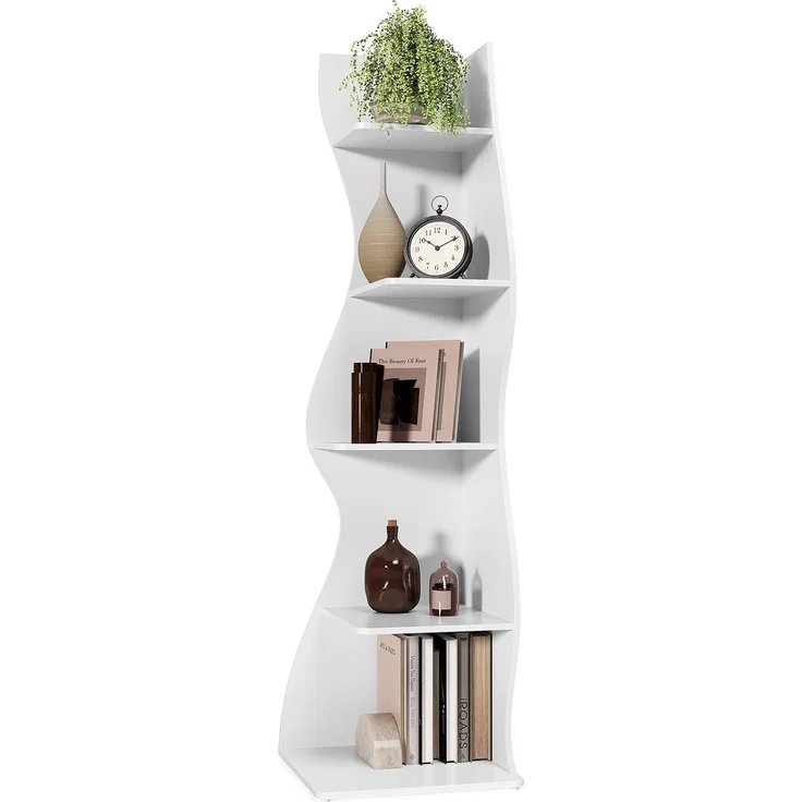 LITTLE TREE Bücherregal Ecke, Modernes Regal Schmal mit 6 Ebenen, 50 x 48 x 179 cm Bücherregal Holz, Standregal mit Wellen-Design für Kleine Räume, Wohnzimmer & Schlafzimmer, Weiß, 1er Pack