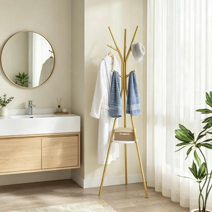 Garderobenständer 45,5x45,5x180 cm in Gold mit 9 Haken und Rundablage – Bild 3