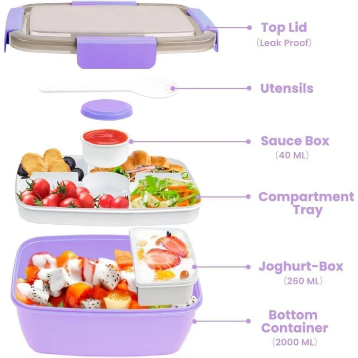 Lunchbox Erwachsene 2000ml auslaufsicher Bento Fächer 2000ml-lila – Bild 2