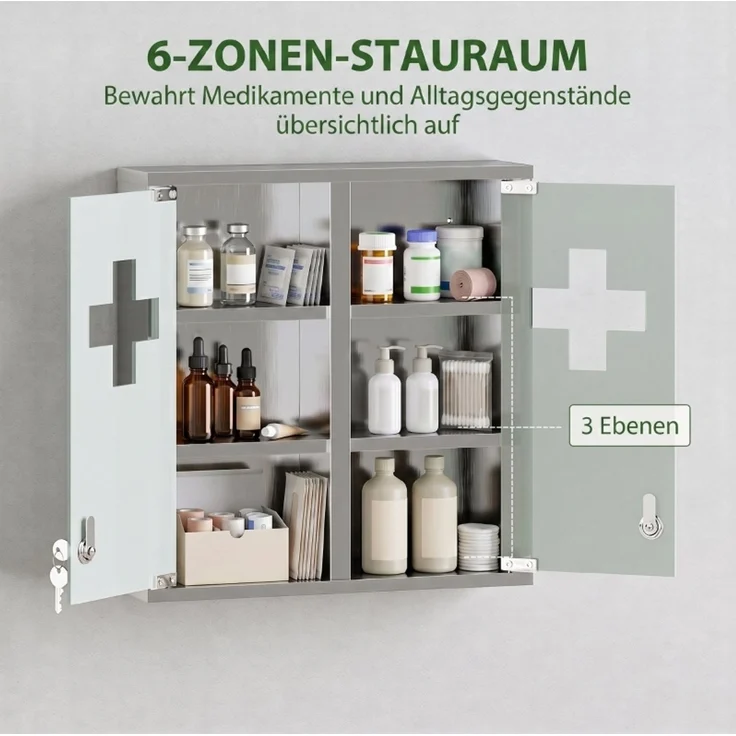 Medizinschrank 48 x 46 x 12 cm mit abschließbaren Milchglastüren und sechs Aufbewahrungszonen – Bild 6