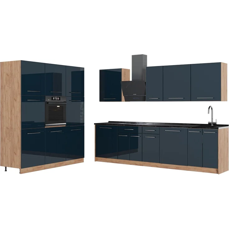 Küchenzeile Fame-Line Dunkelblau Hochglanz/Goldkraft Eiche 460 cm ohne Arbeitsplatte Vicco – Bild 1