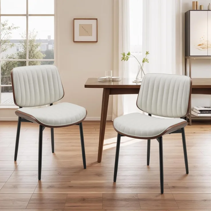 COLAMY Esszimmerstuhl 2er Set, Esszimmer- und Küchenstühle, Gepolsterte Stühle im Mid-Century-Modern-Stil mit Walnuss-Bugholz und Metallbeinen,Beige