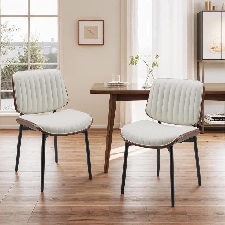 COLAMY Esszimmerstuhl 2er Set, Esszimmer- und Küchenstühle, Gepolsterte Stühle im Mid-Century-Modern-Stil mit Walnuss-Bugholz und Metallbeinen,Beige
