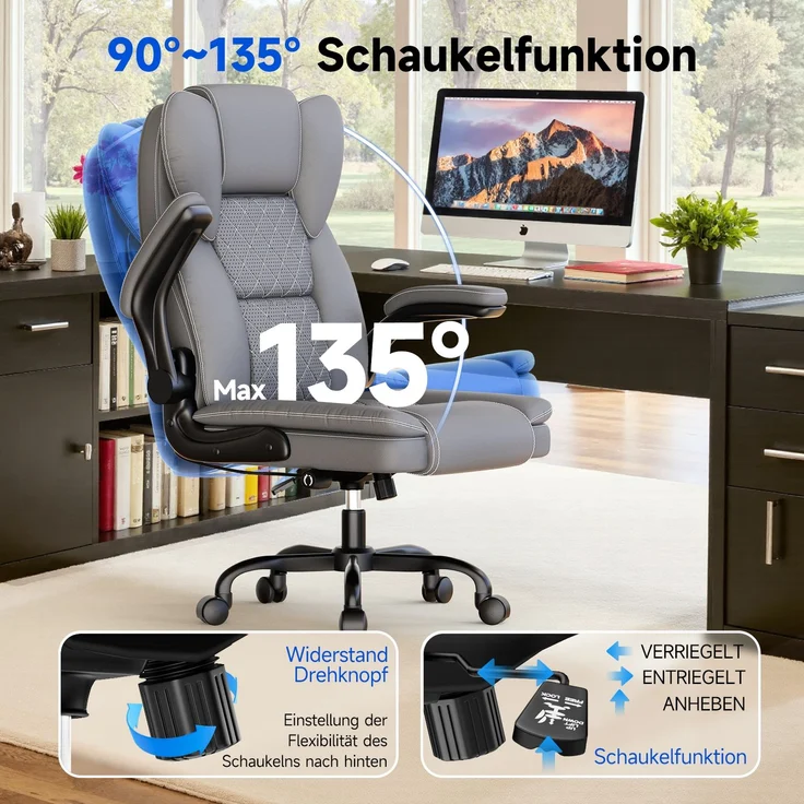 Botifly Ergonomischer Bürostuhl mit Fußstütze, Dunkelgrau, 74 x 34 x 53 cm, 135° Neigbar, SGS-Gaslift – Bild 6
