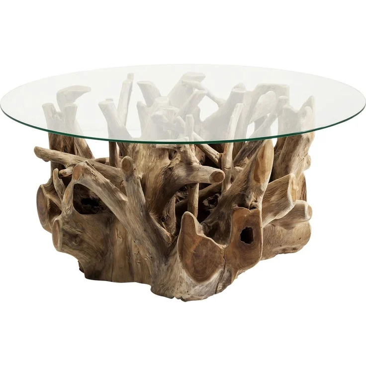 Kare Design Couchtisch Roots, Braun, 100cm Durchmesser, Beistelltisch, Wohnzimmertisch, Massivholz Korpus, ESG-Glas Tischplatte, handgemacht, Unikat, rund, 45 x 100 x 100 cm (H/B/T) – Bild 6