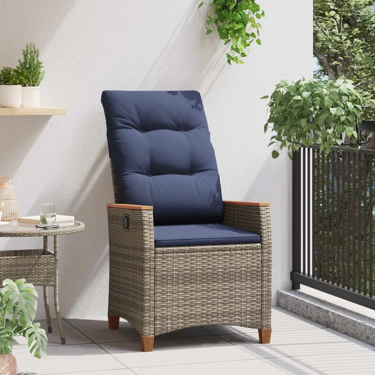 vidaXL Verstellbarer Gartenstuhl Grau und Marineblau Poly-Rattan 42026862 – Bild 3