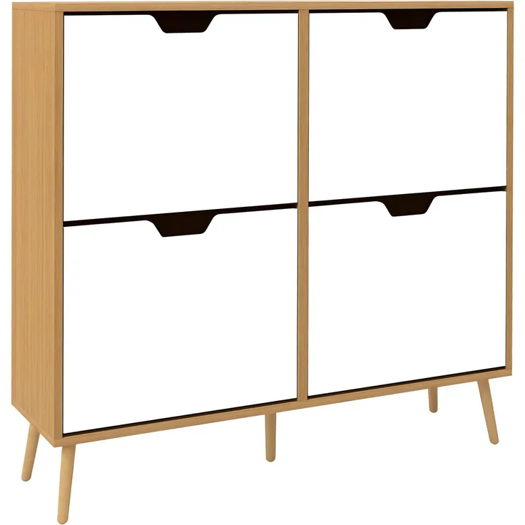 Schuhschrank mit 4 Klappen für 16 Paar Schuhe, mit verstellbarem Einlegeboden, Füße aus Kiefernholz, 95 x 26 x 95 cm, natur