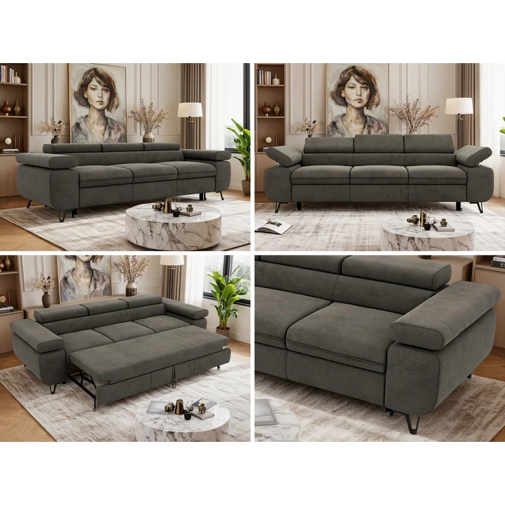 Polstersofa PETER, Sofa 3-Sitzer mit Schlaffunktion, verstellbaren Armlehnen und Kopfstütze, Gepolsterte Couch, Wellenfeder - Dunkelgrau Velvet – Bild 2