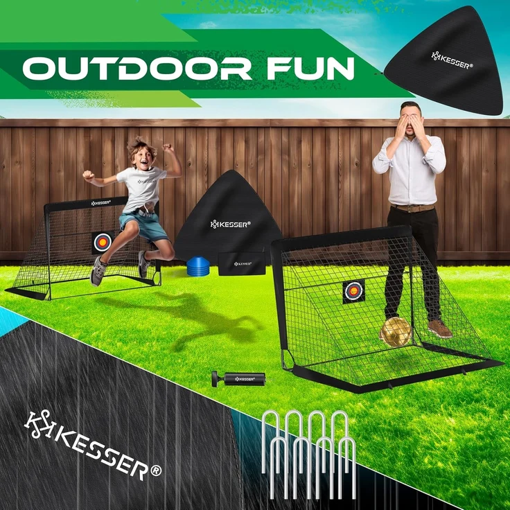 KESSER Pop-Up Fußballtor, 2er Set, mit Transporttasche, 6x Hütchen, Ballpumpe & Zielscheibe, Glasfaserstangen, 120x90 cm, Schwarz – Bild 8