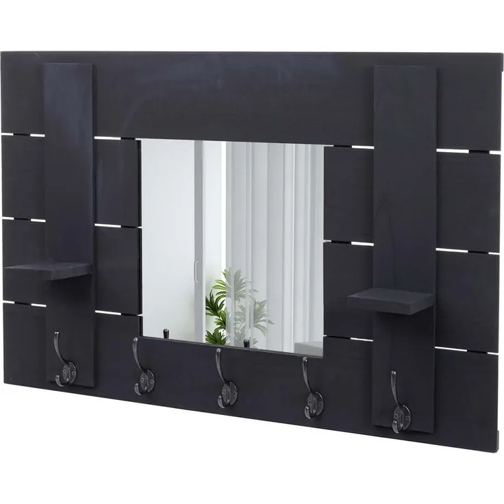 MCW Wandgarderobe Grau, Shabby-Look mit Spiegel, 2 Ablageflächen und 5 Haken aus Paulowniaholz, 90x60x14 cm