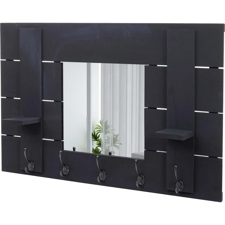 MCW Wandgarderobe Grau, Shabby-Look mit Spiegel, 2 Ablageflächen und 5 Haken aus Paulowniaholz, 90x60x14 cm