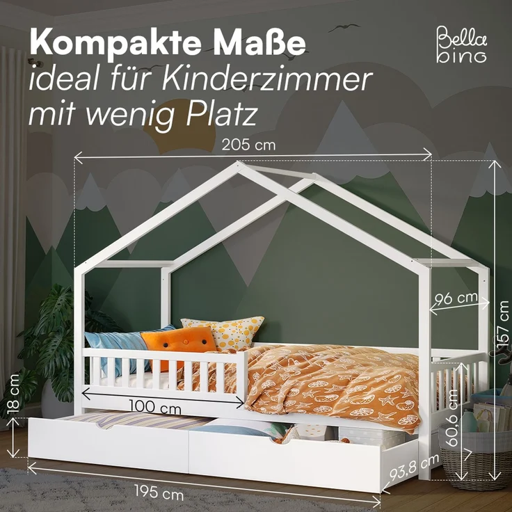 Bellabino 'Vils' Hausbett 90x200 cm mit großer Schublade, weiß, Kiefer Massivholz, Montessori Kinderbett mit Stauraum, inkl. Rausfallschutz und Lattenrost – Bild 8