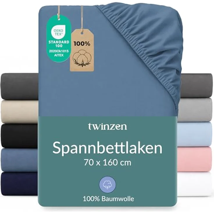 Twinzen Spannbettlaken 70 x 160 cm - 100% Jersey Baumwolle, Blau - Oeko-Tex zertifiziert, atmungsaktiv und pflegeleicht – Bild 1