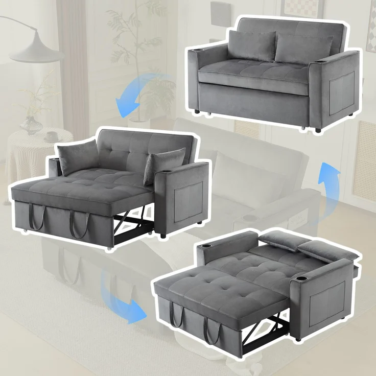 Schlafsofa Samt 3-in-1 verstellbar, 137 x 76.5 x 83 cm – Zweisitzer mit ausziehbarer Liege & Getränkehaltern – Bild 7