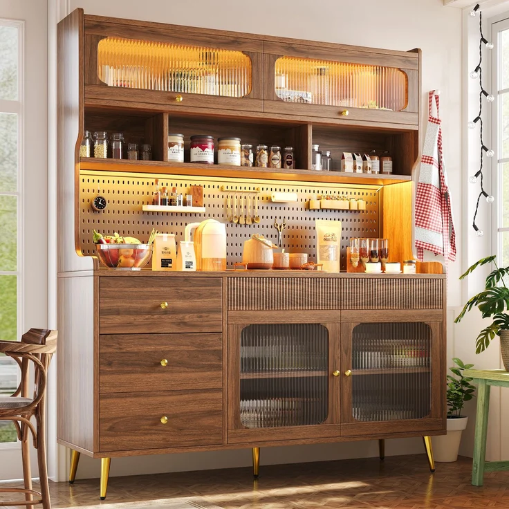 ZUBALIYA LED-Küchenschrank 145x39x171 cm, mit App-Steuerung, mit Stauraum, MDF/Glas, Nussbaum – Bild 3
