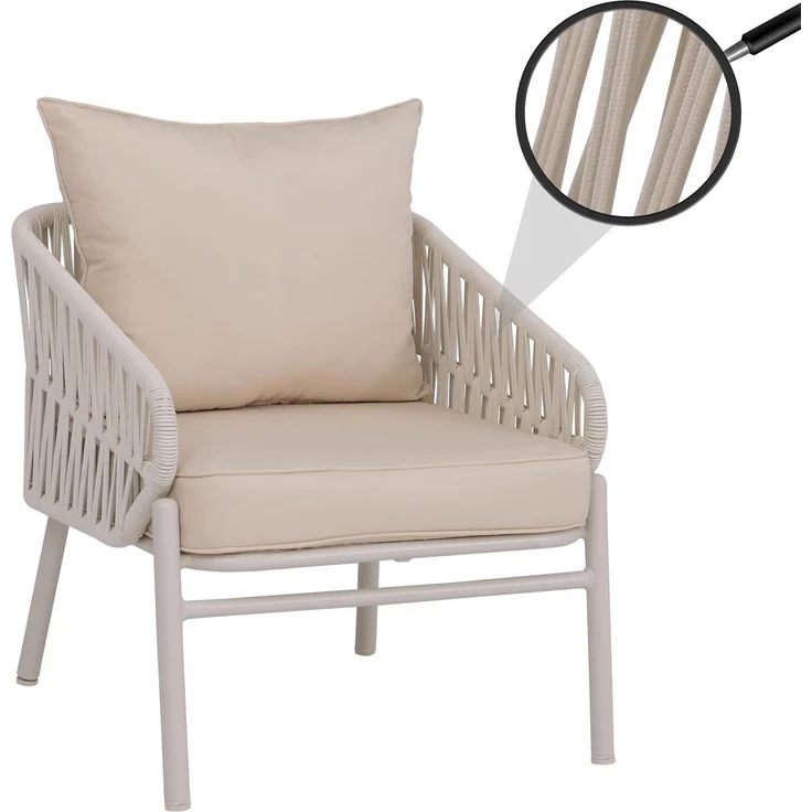Aluminium-Gartenstuhl HWC-P90, Loungestuhl Sessel Outdoor, Seilgeflecht Rope Stoff/Textil (180g/m²) ~ creme – Bild 1
