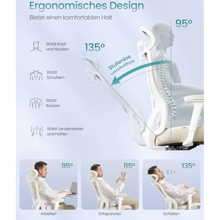 SONGMICS Bürostuhl ergonomisch, Schreibtischstuhl, Computerstuhl, verstellbare Lenden- und Kopfstütze, bis 150 kg belastbar, höhenverstellbar, sandbeige OBN066LF01 – Bild 5
