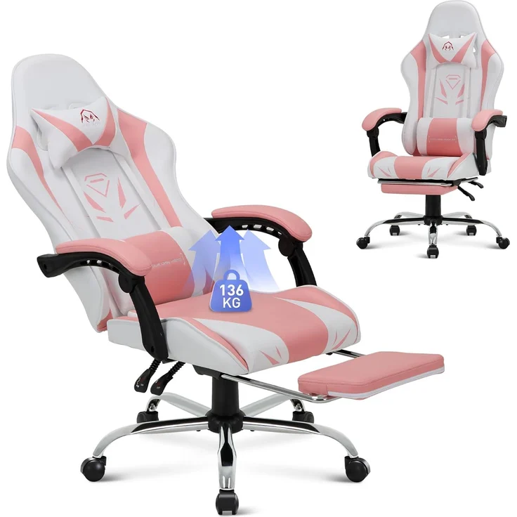 COLAMY Gaming Stuhl, Computer Stuhl mit Fußstütze und Lendenwirbelstütze, höhenverstellbarer Gaming Chair mit 360°-Drehsitz und Kopfstütze, Video Gamer PC Stuhl, Ergonomische hohe Rückenlehne, Rosa